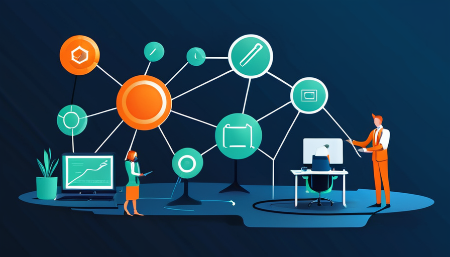 Ilustração vetorial minimalista representando agentes de IA conectados orquestrando fluxos de trabalho digitais.