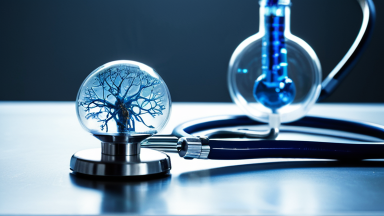 Conceito visual de medicina digital com uma rede neuronal transparente integrada a um estetoscópio moderno, tons de azul e branco clínico.