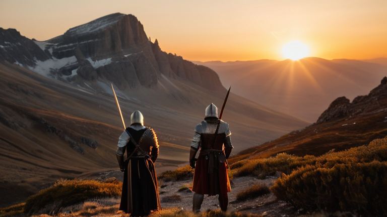 Representação épica de uma montanha ensolarada em um mundo de fantasia com cavaleiros em distância e uma atmosfera cinematográfica de aventura.