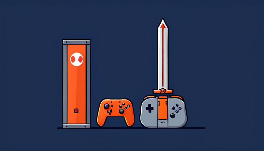 Ilustração vetorial com ícones de espada medieval (Crimson Desert) e o novo design elegante do Switch 2 em azul e laranja.