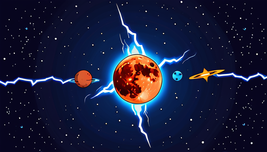 Ilustração vetorial minimalista com uma Lua de Sangue avermelhada e o planeta Marte com raios azul-elétrico.