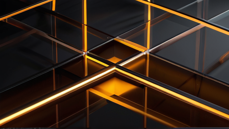 Painéis de vidro e linhas geométricas flutuantes, representando design de interfaces focado em elegância e estrutura.