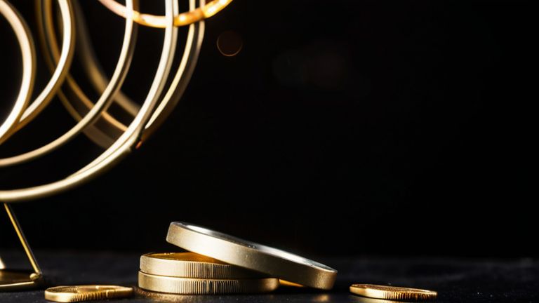 Uma celebração visual abstrata com luzes douradas e prateadas formando formas geométricas dinâmicas em um fundo escuro e elegante.