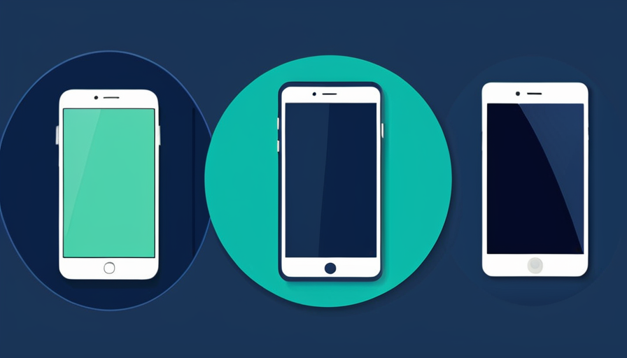 Ilustração vetorial com símbolos estilizados de um smartphone Apple e um Xiaomi em azul profundo e verde-água.