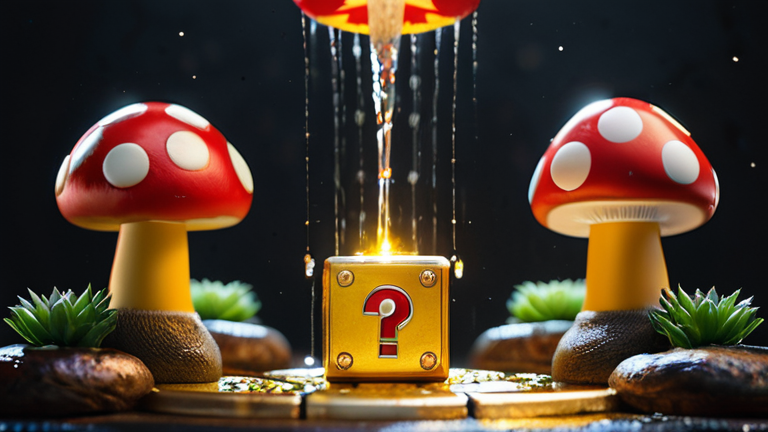 Mosaico colorido com elementos clássicos de Super Mario Bros, estrelas douradas, moedas e blocos '?' com uma estética moderna e vibrante.