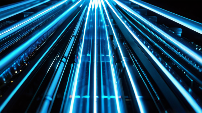 Representação futurista de servidores entrelaçados com fibras ópticas luminosas azuis.