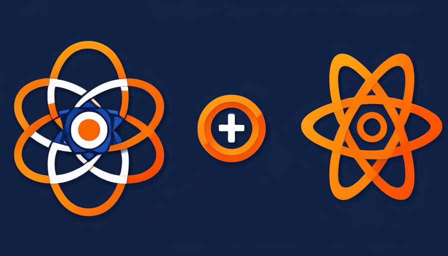 Ilustração vetorial elegante com o logo estilizado do React e ícones de engrenagens de performance em azul e laranja.