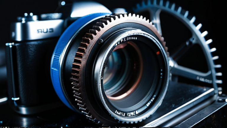 Visualização estilizada de código Rust com engrenagens metálicas e reflexos azulados, simbolizando a precisão técnica da linguagem.