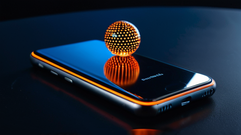 Uma composição tecnológica limpa com o logo da Galaxy AI e esferas de energia conectando smartphones, anéis e laptops em tons de azul escuro e laranja.