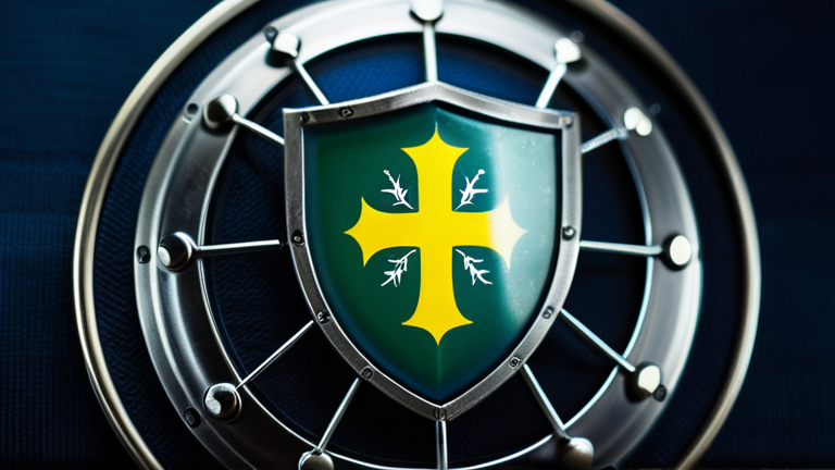 Representação visual abstrata de segurança digital com o brasão do Brasil estilizado em luz translúcida e tramas de dados protegidas por um escudo digital.