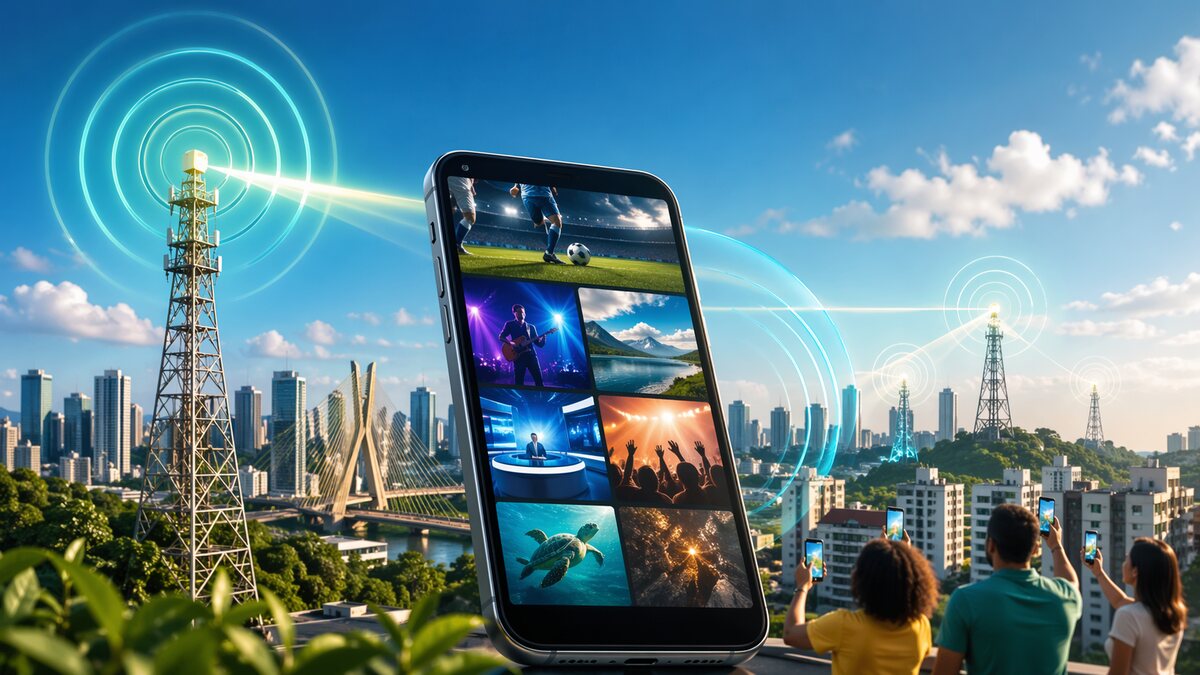 Ilustração de 5G Broadcast transmitindo TV aberta para celulares no Brasil.