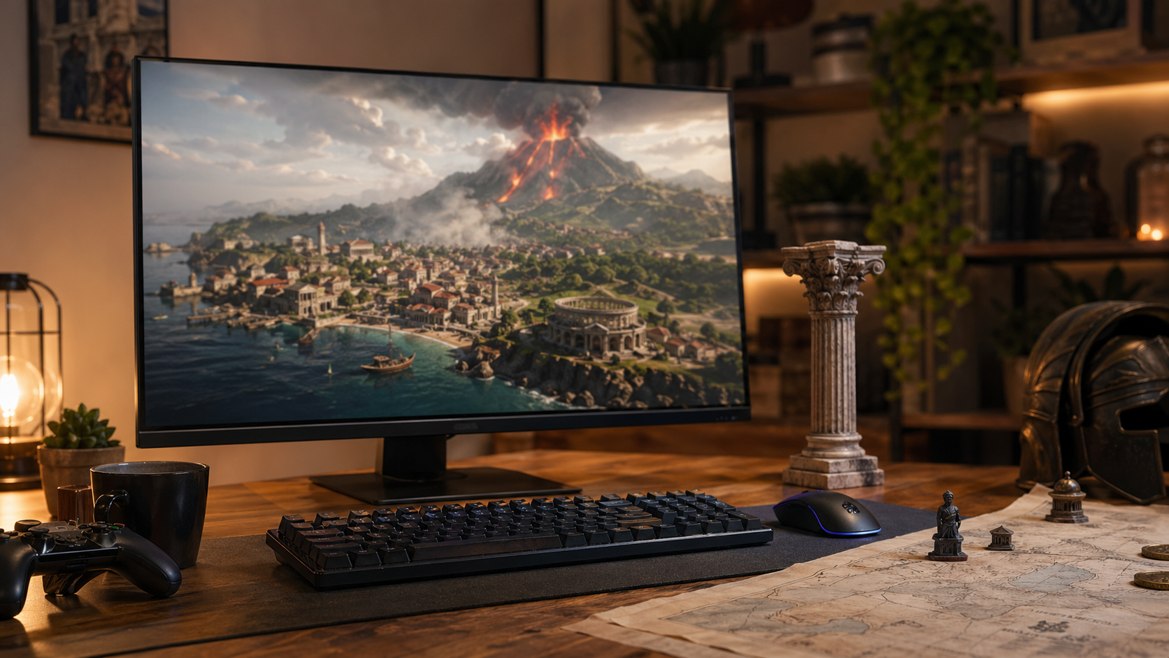 Mesa de estratégia com teclado e monitor mostrando cidade romana desfocada perto de vulcão.