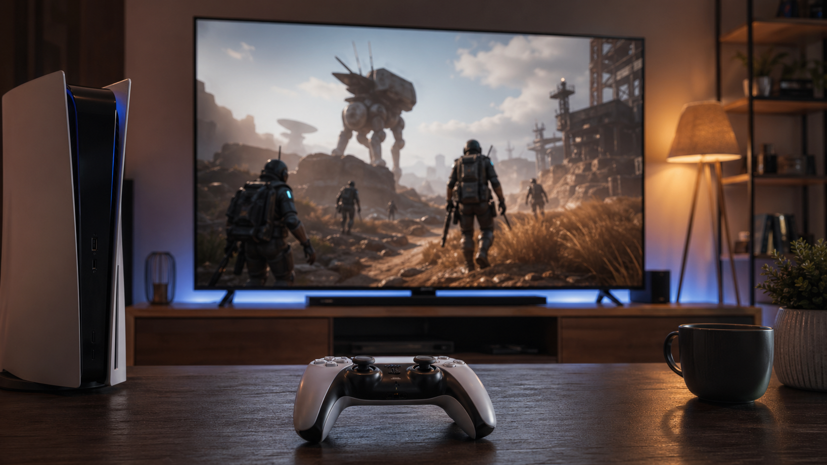 Controle em sala diante de cena sci-fi desfocada com robôs e poeira em uma TV.