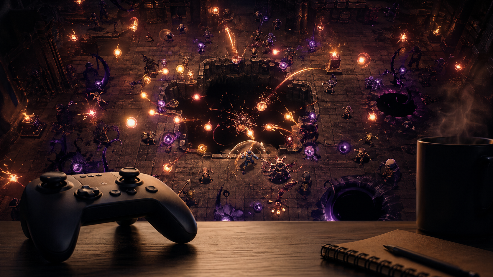 Arena escura de arcade com projéteis brilhantes e controle em mesa.