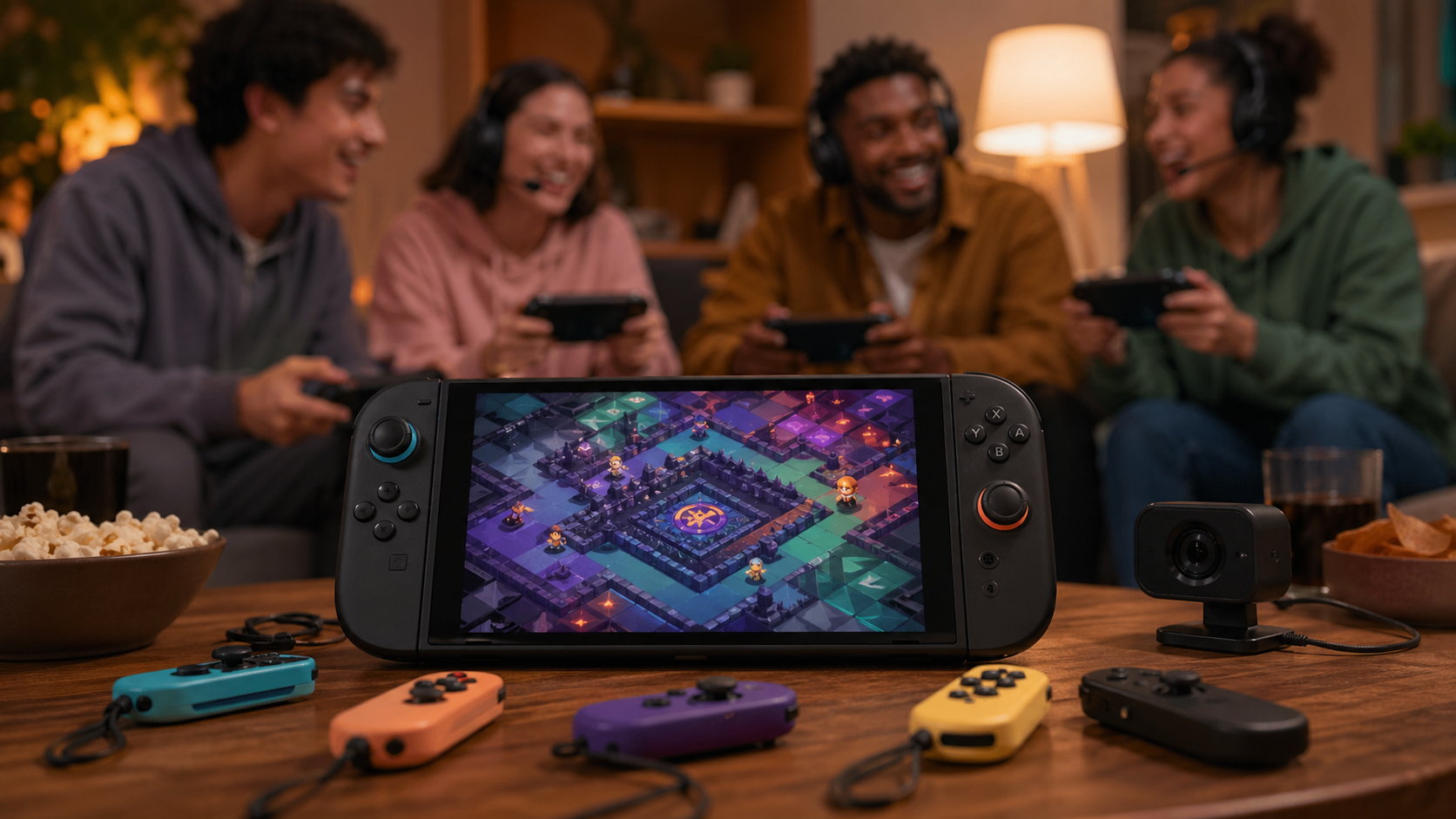 Sala com controles portáteis em mesa e amigos jogando ao fundo.