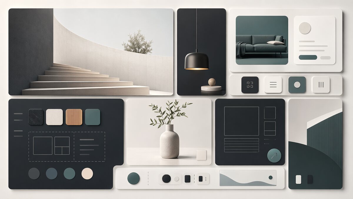 Ilustração de bento grid e neo-minimalismo em interface web.