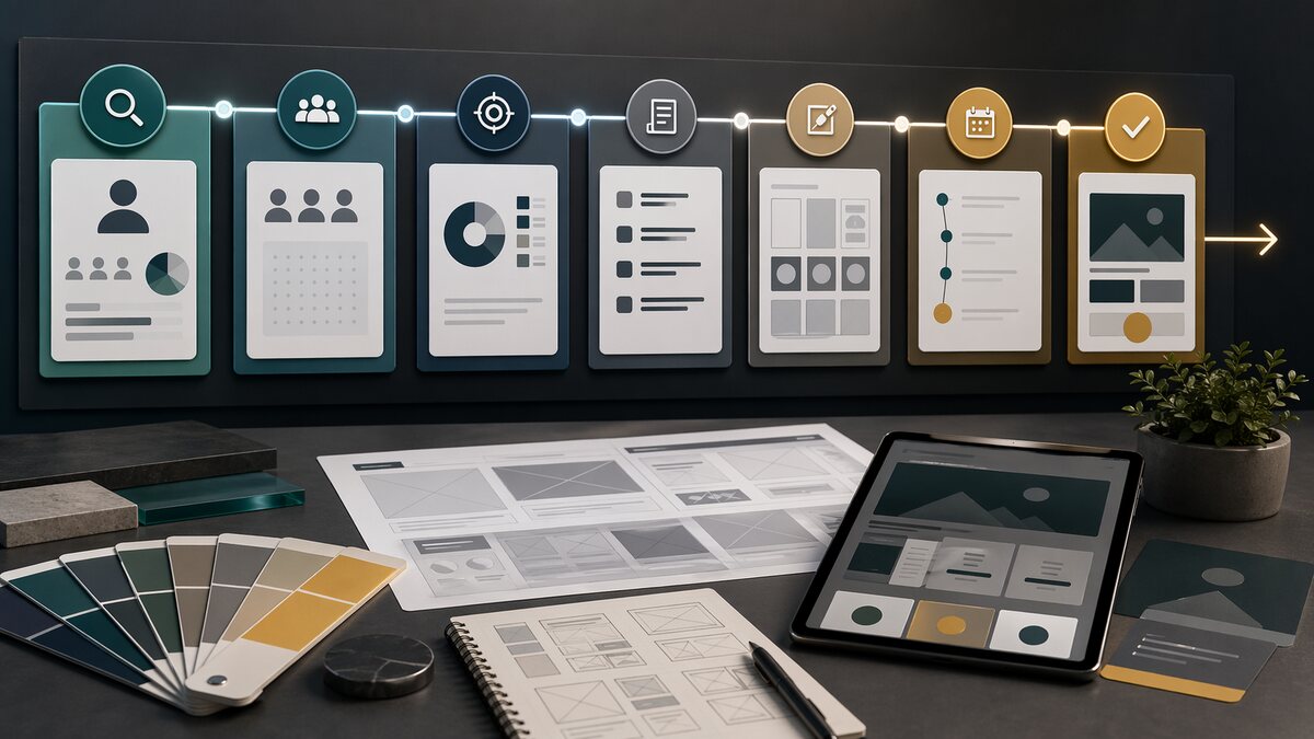 Ilustração de briefing de design estruturando objetivos, escopo e aprovação.