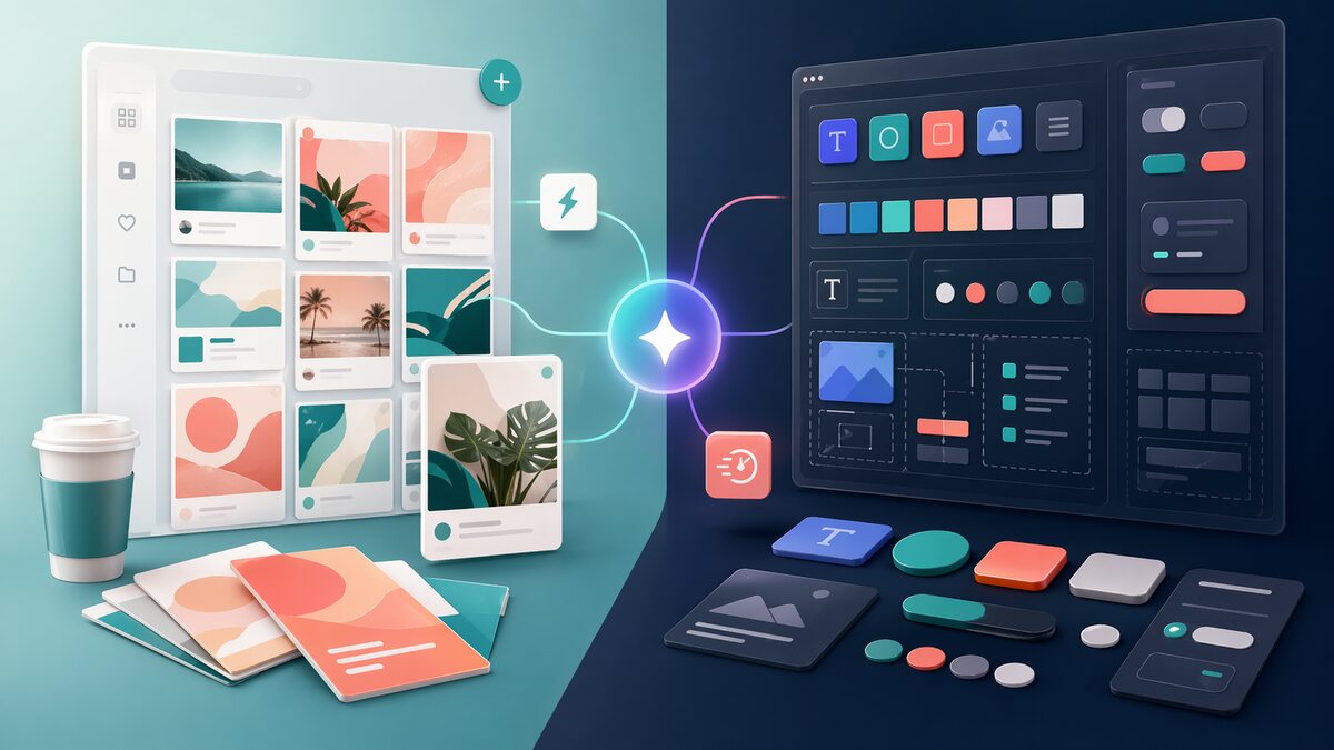 Ilustração comparando fluxos de templates rápidos e design system para social media.