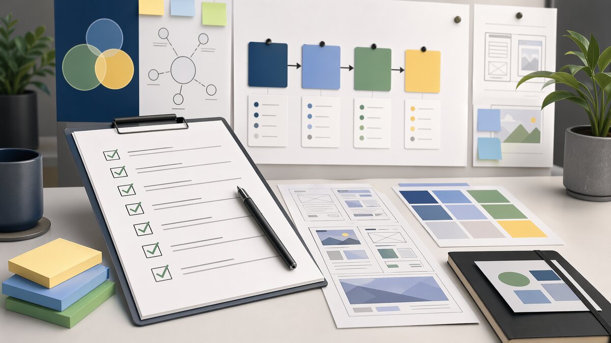 Ilustração de checklist de briefing de design com perguntas e wireframes.