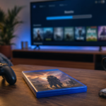 Controle e caixa de jogo em sala com tela desfocada mostrando atualização de software.