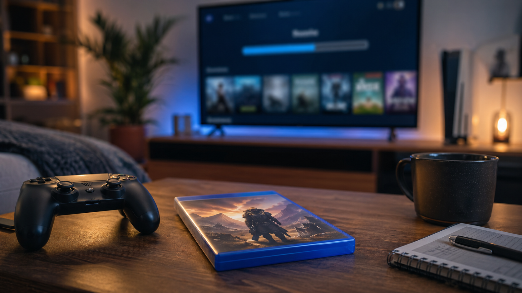 Controle e caixa de jogo em sala com tela desfocada mostrando atualização de software.