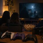 Sala escura com quatro controles, camera pequena, lanterna e tela com cena assustadora generica para coop.