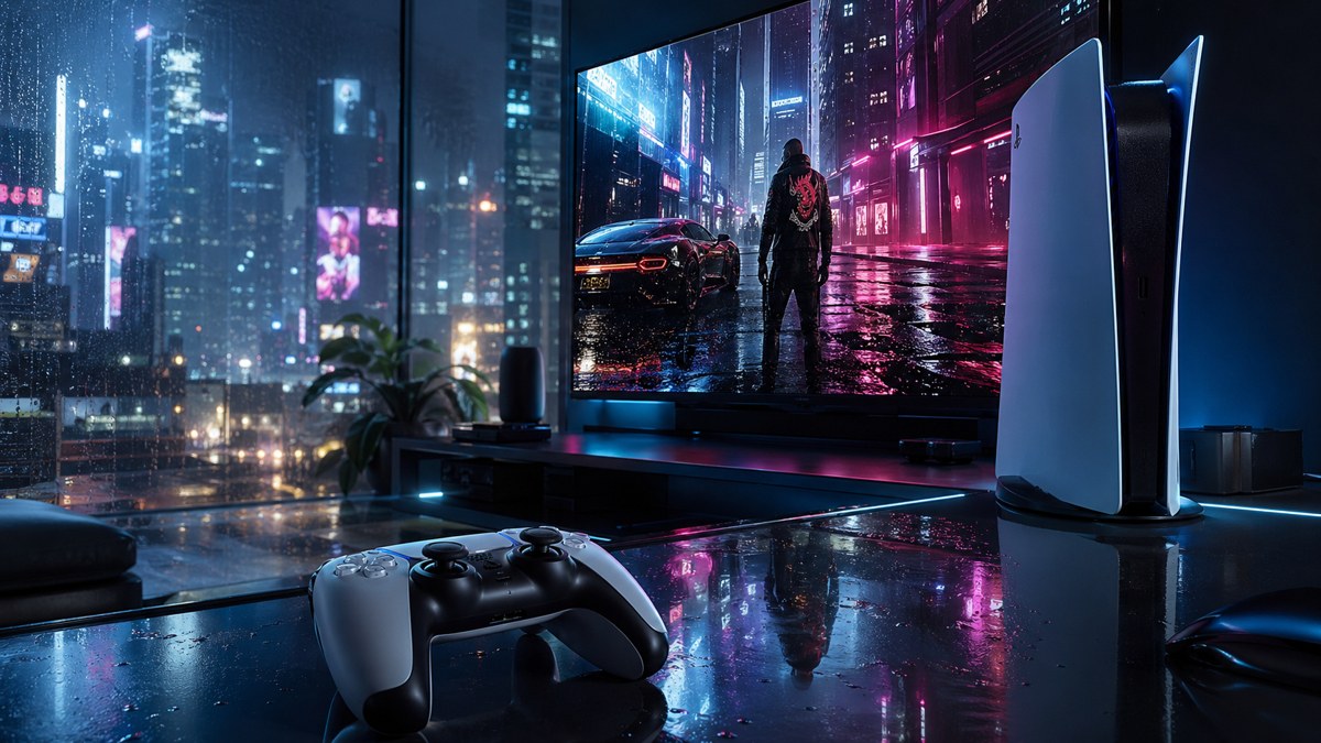 Controle e tela com reflexos neon de uma cidade futurista em noite chuvosa.