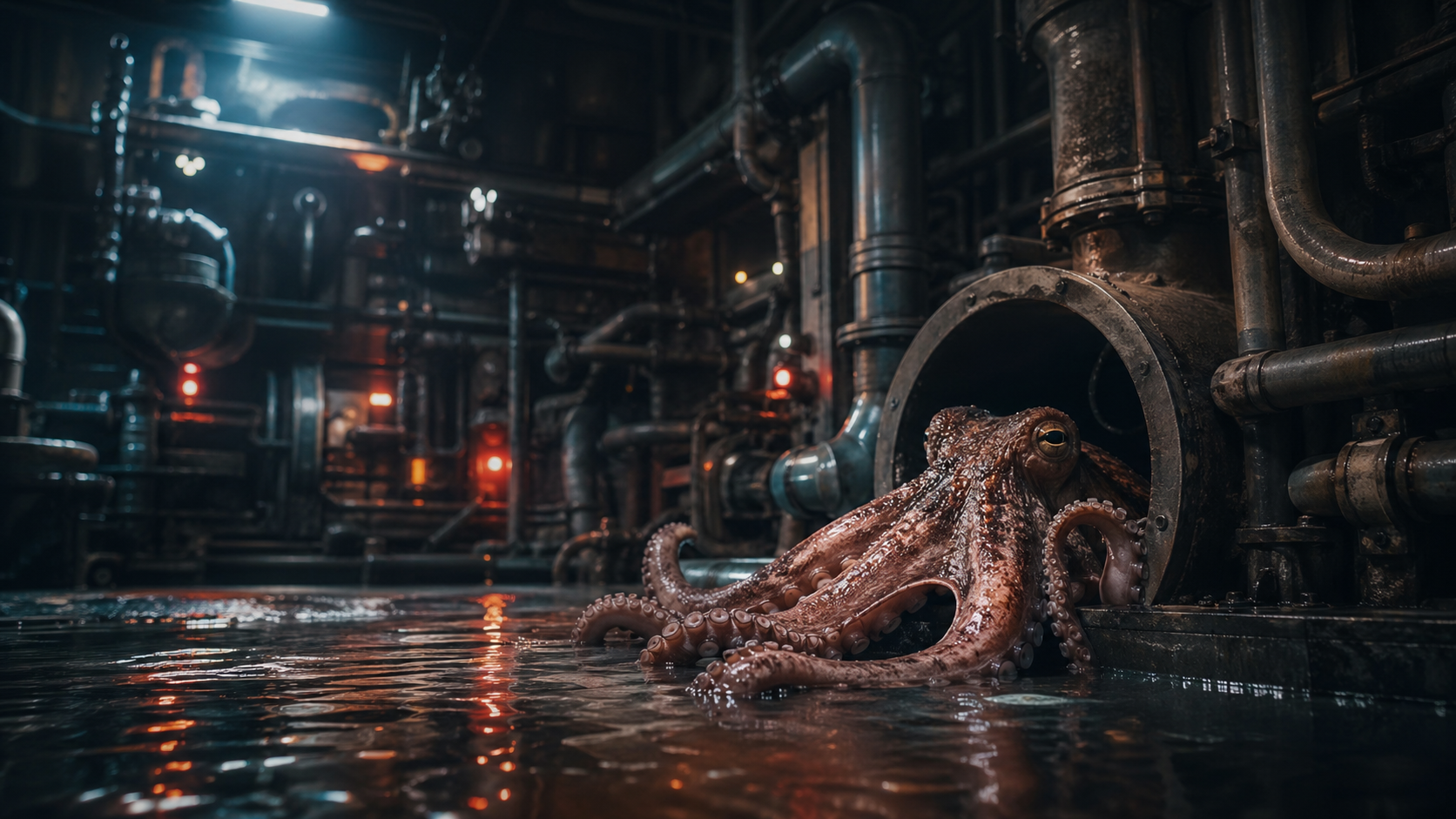 Polvo em um complexo industrial escuro com canos, agua e armadilhas, sugerindo uma aventura de plataforma no Switch 2.