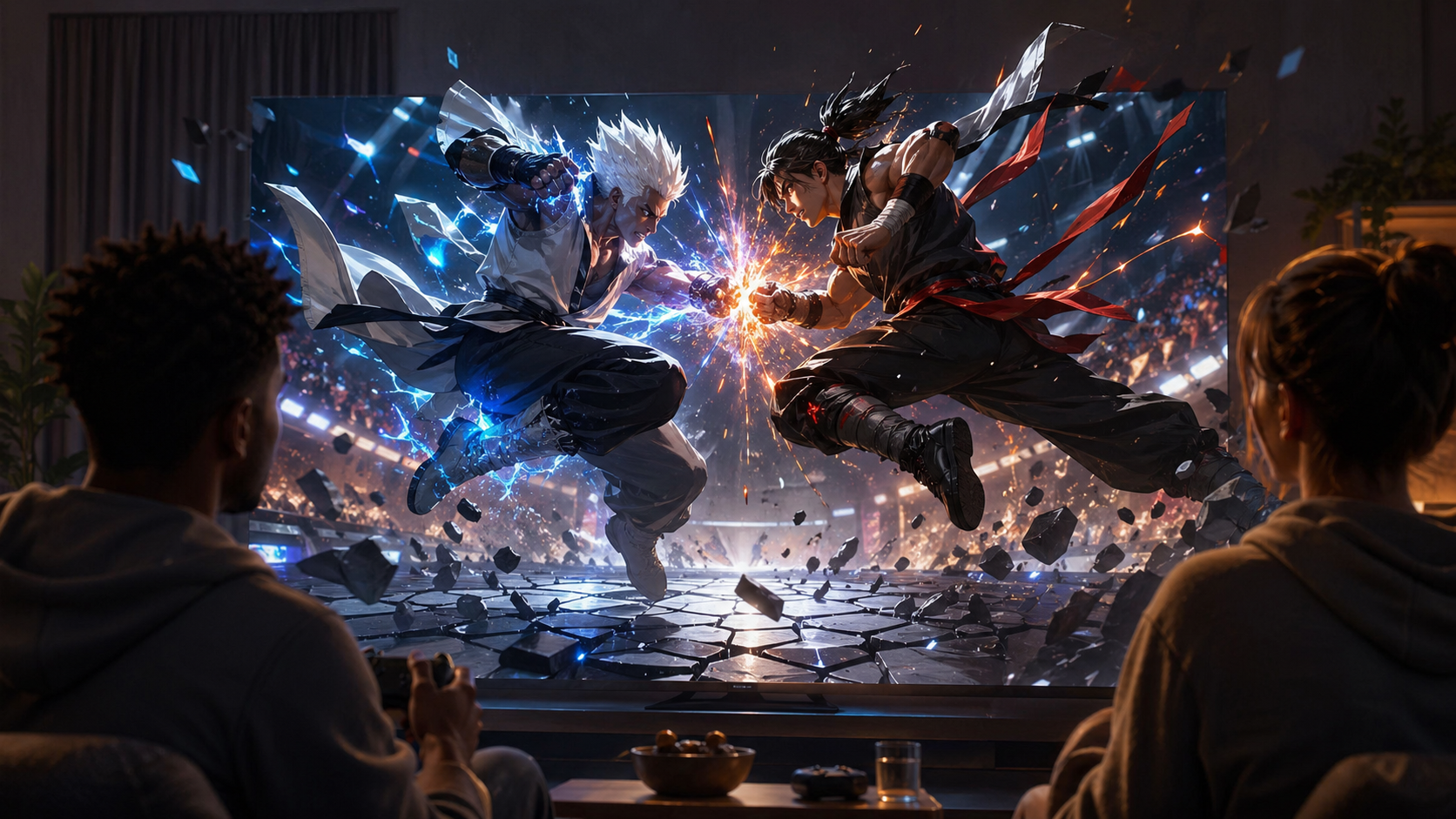 Cena editorial inspirada em jogo de luta anime, com dois guerreiros trocando golpes no ar em uma arena iluminada.