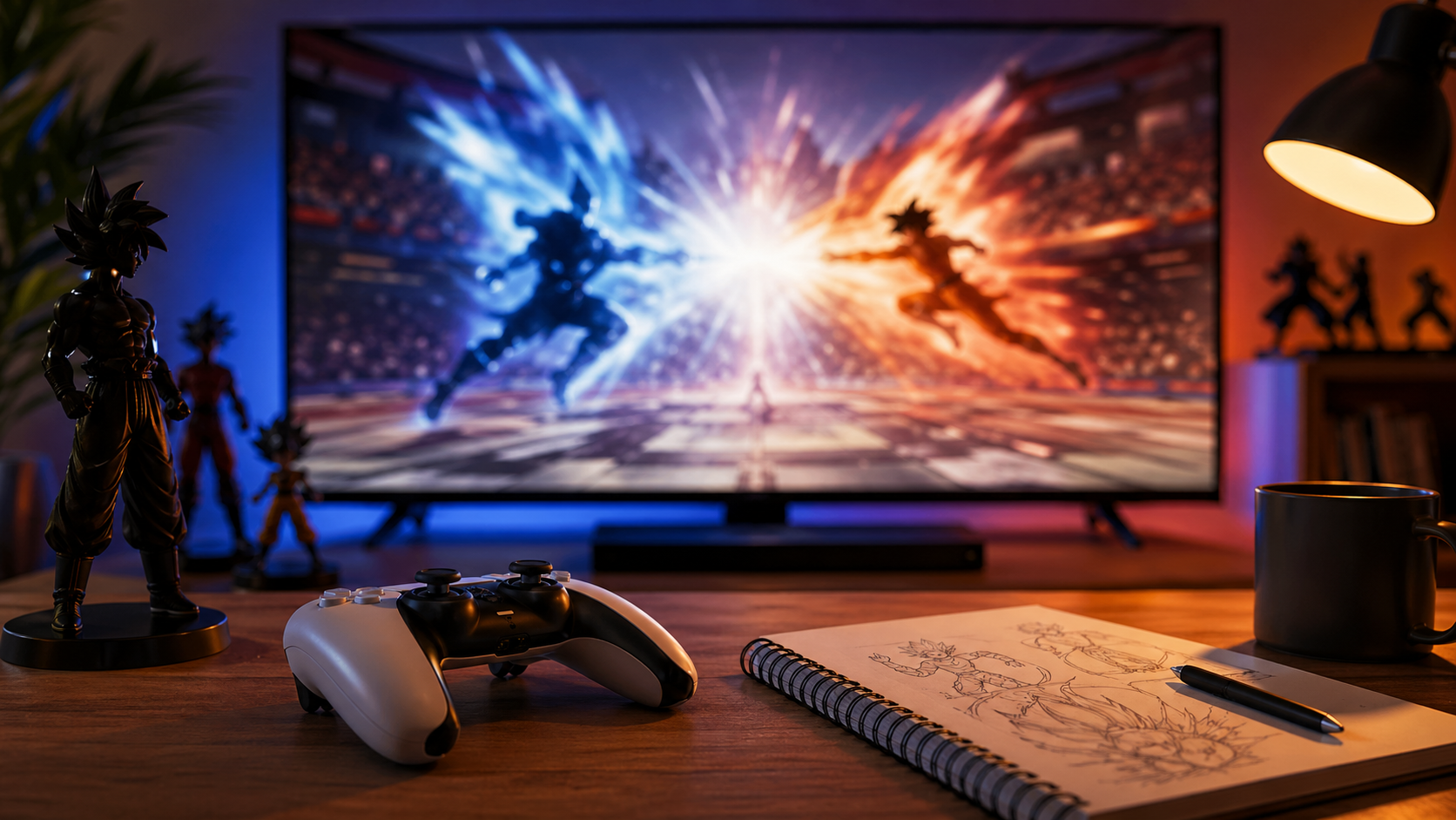Mesa gamer com controle e TV exibindo arena de luta anime desfocada.