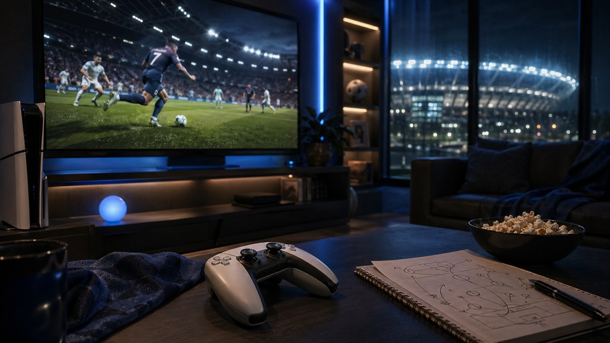 Controle em um ambiente com clima de futebol e luzes que lembram um estadio ao fundo.