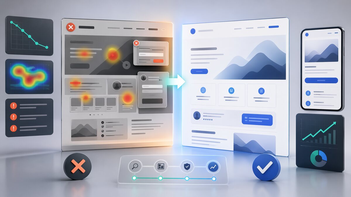Ilustração de análise de landing page com hierarquia, CTA e conversão.