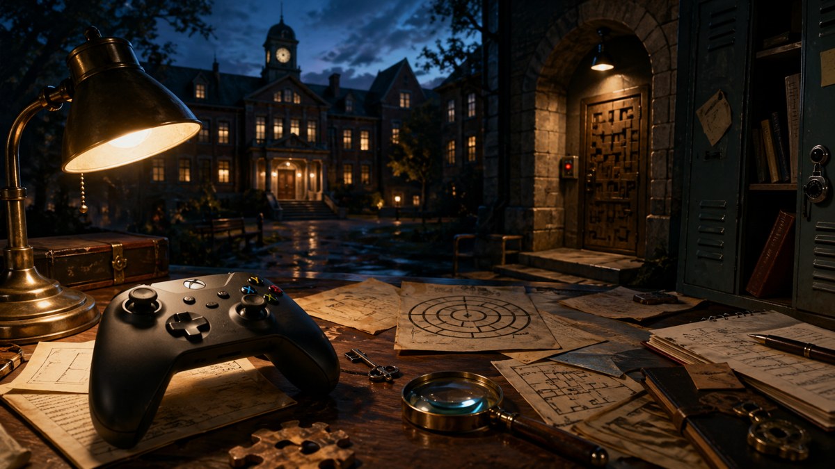 Mesa com pistas e controle diante de um campus com clima de puzzle e misterio.