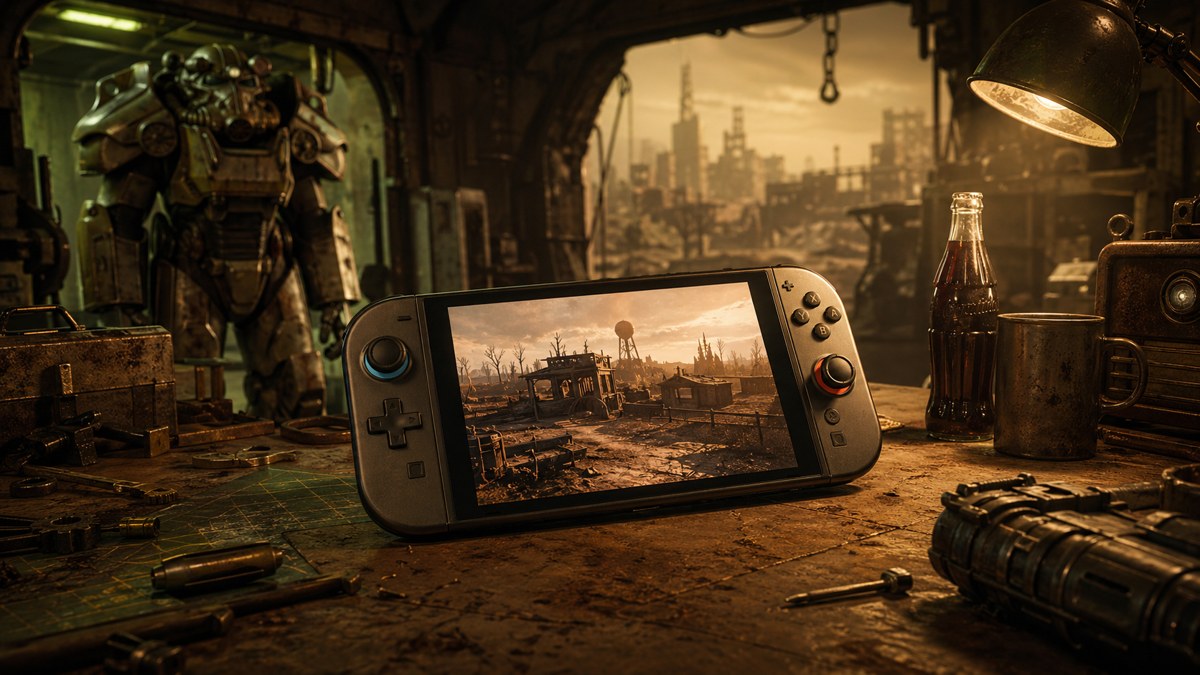 Console portatil sobre mesa metalica em abrigo com atmosfera pos-apocaliptica.