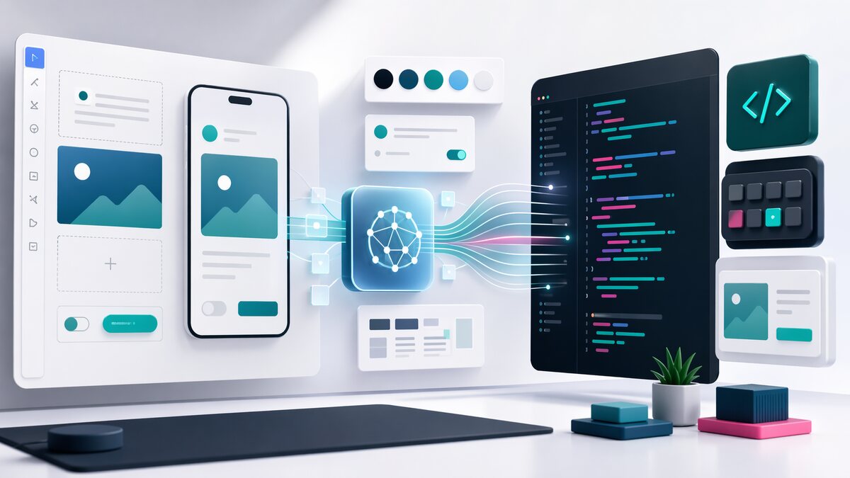 Ilustração editorial de fluxo Figma, IA, design system e design-to-code.
