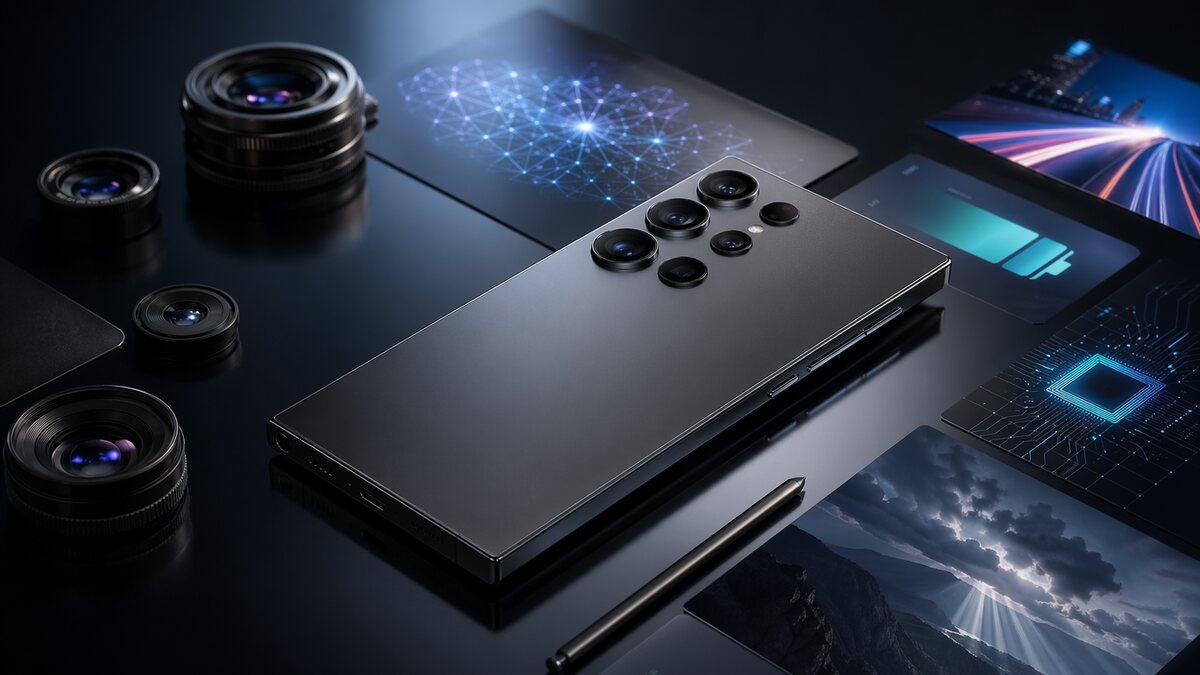 Render editorial de smartphone premium com IA, câmera e desempenho.