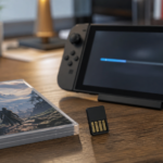 Cartão de jogo físico ao lado de console portátil com tela de download desfocada.