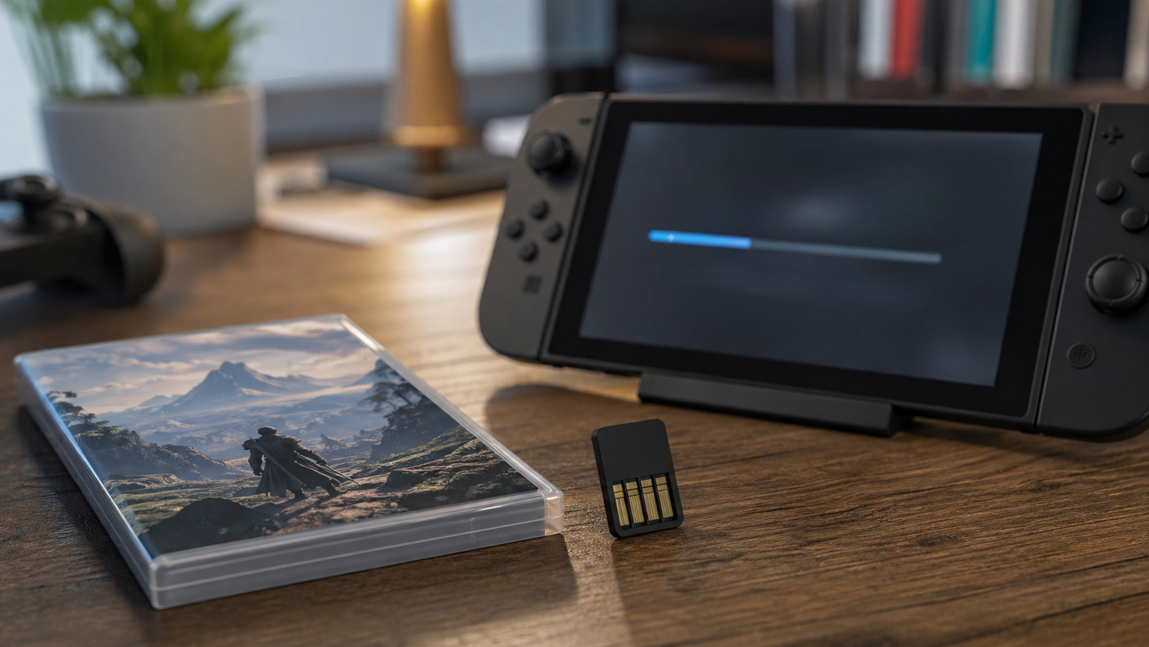 Cartão de jogo físico ao lado de console portátil com tela de download desfocada.