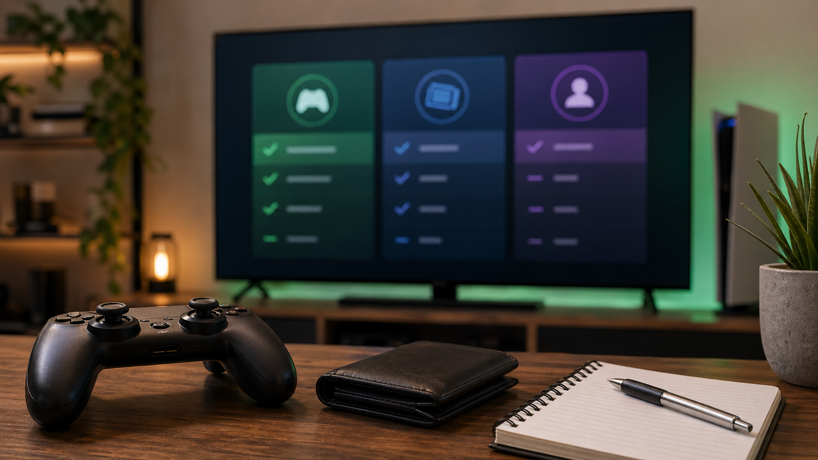 Controle, carteira fechada e tela abstrata de assinatura em uma mesa gamer.