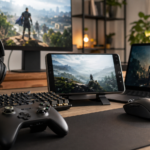 Mesa gamer com controle, teclado, mouse e tela portátil representando opções de assinatura.