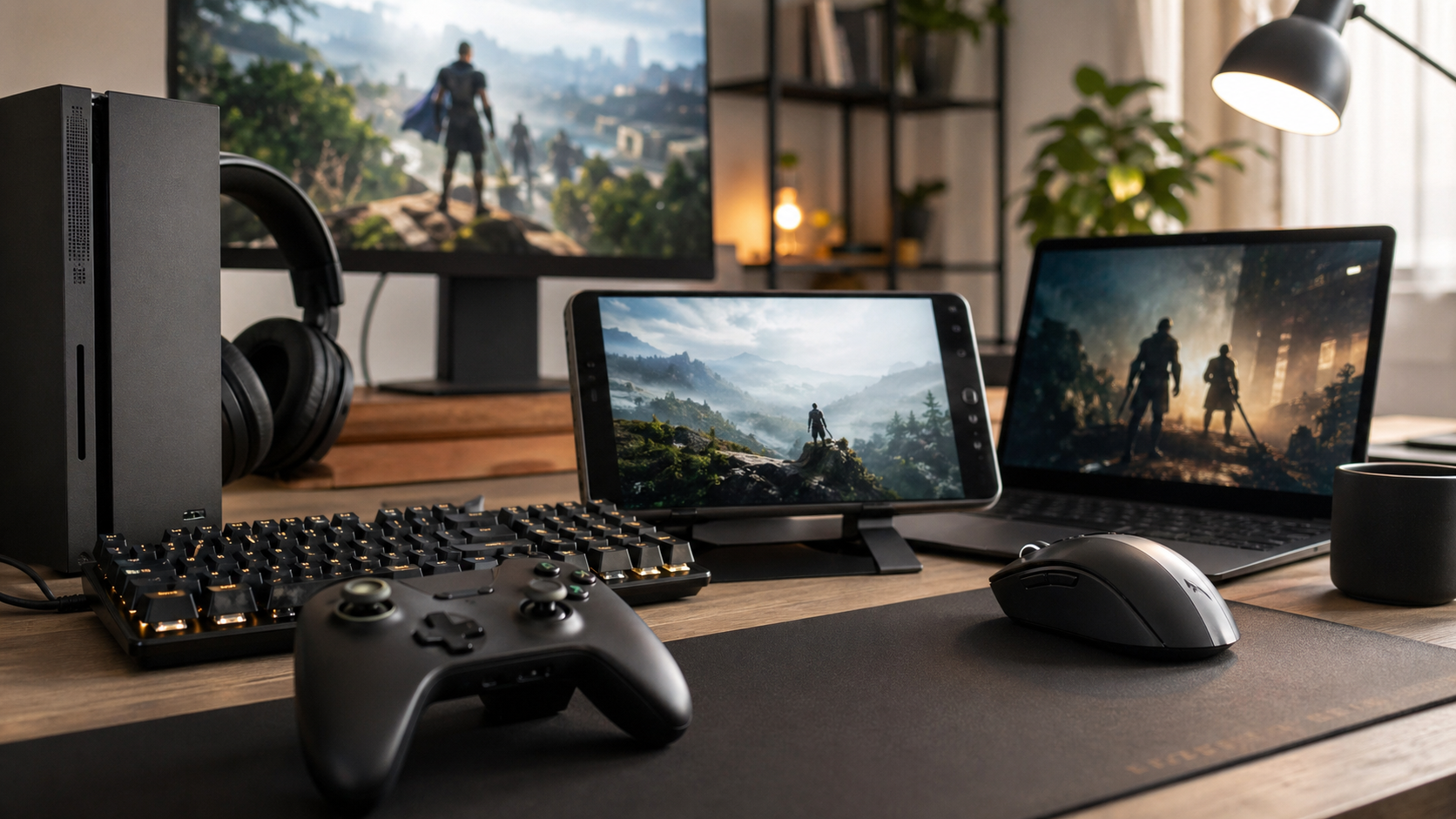 Mesa gamer com controle, teclado, mouse e tela portátil representando opções de assinatura.