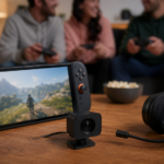 Console portátil em uma mesa com câmera pequena e headset sem fio ao lado.