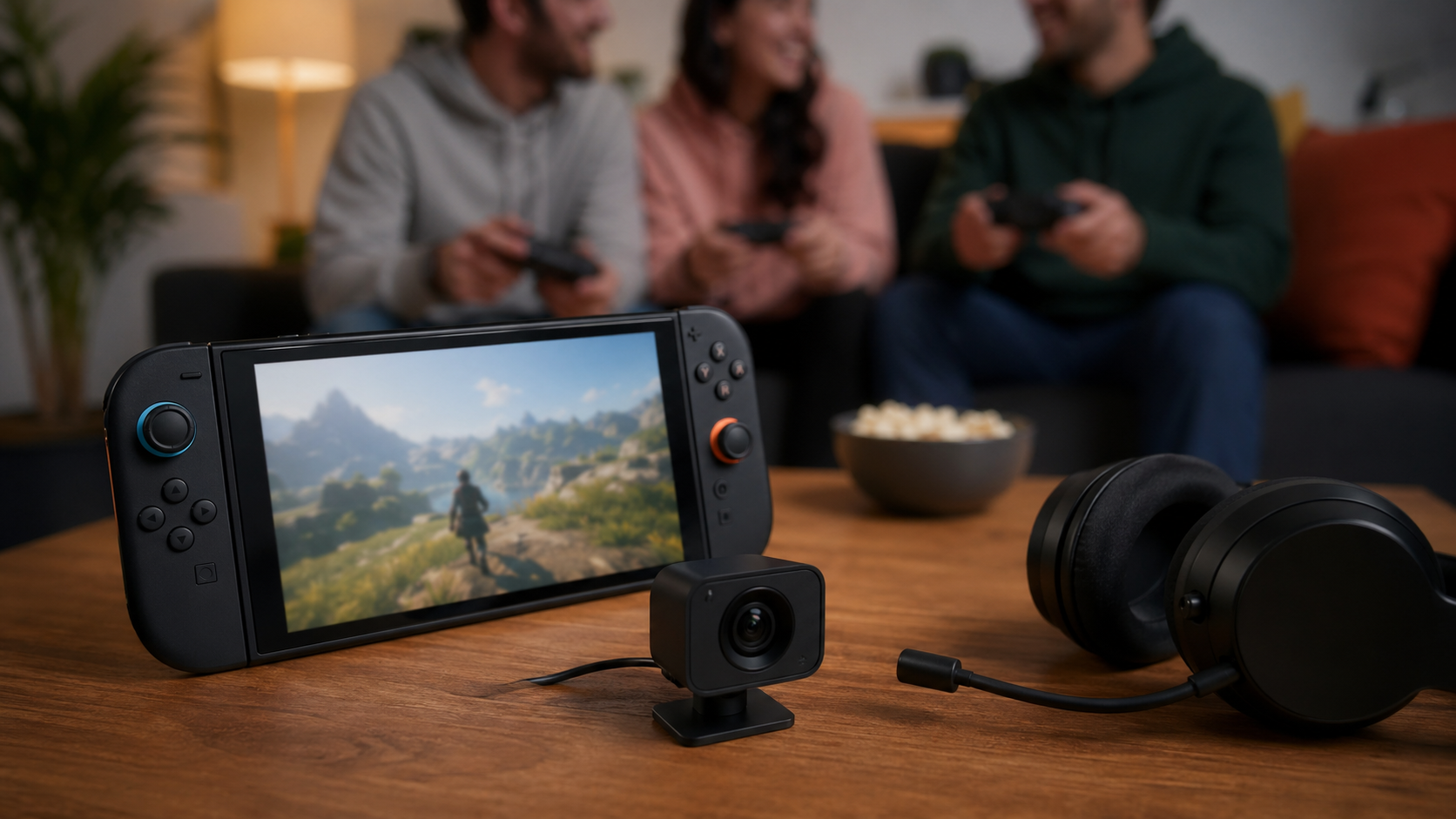 Console portátil em uma mesa com câmera pequena e headset sem fio ao lado.