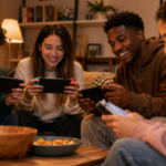 Grupo de pessoas jogando em consoles portáteis no sofá da sala.
