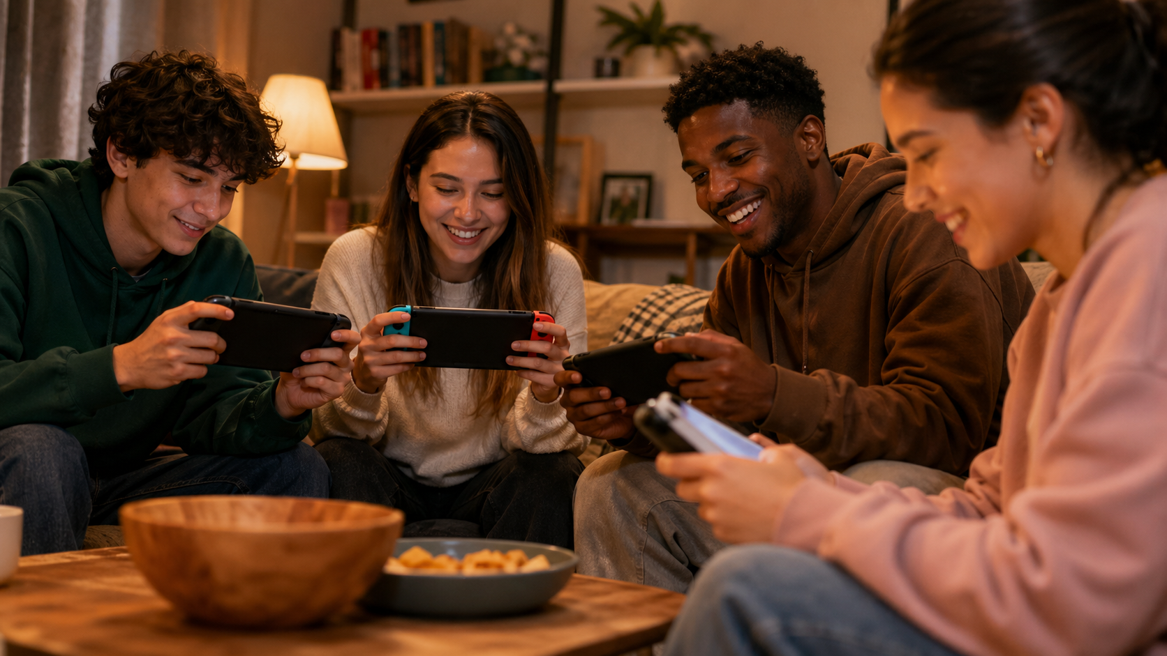 Grupo de pessoas jogando em consoles portáteis no sofá da sala.