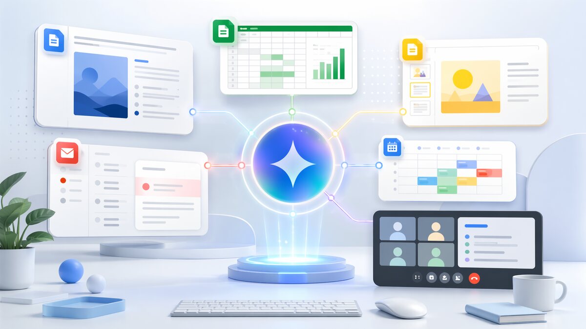 Ilustração de IA organizando documentos, planilhas, e-mails e apresentações.