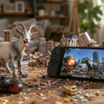 Boneco de cabra, cidade de papelao quebrada, console portatil e controle em cena caotica e divertida.