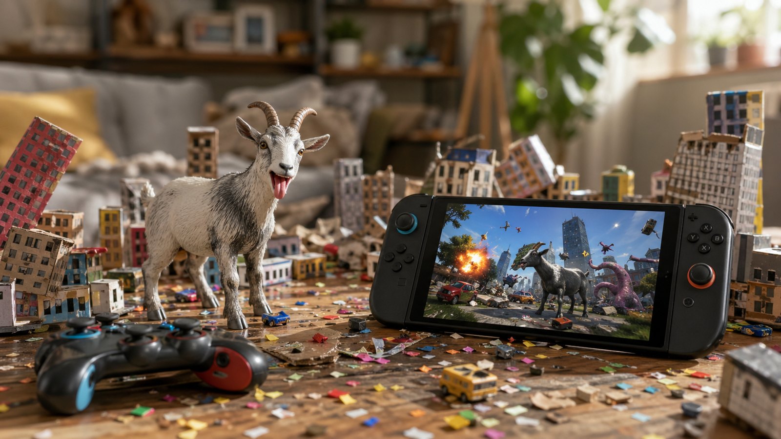 Boneco de cabra, cidade de papelao quebrada, console portatil e controle em cena caotica e divertida.