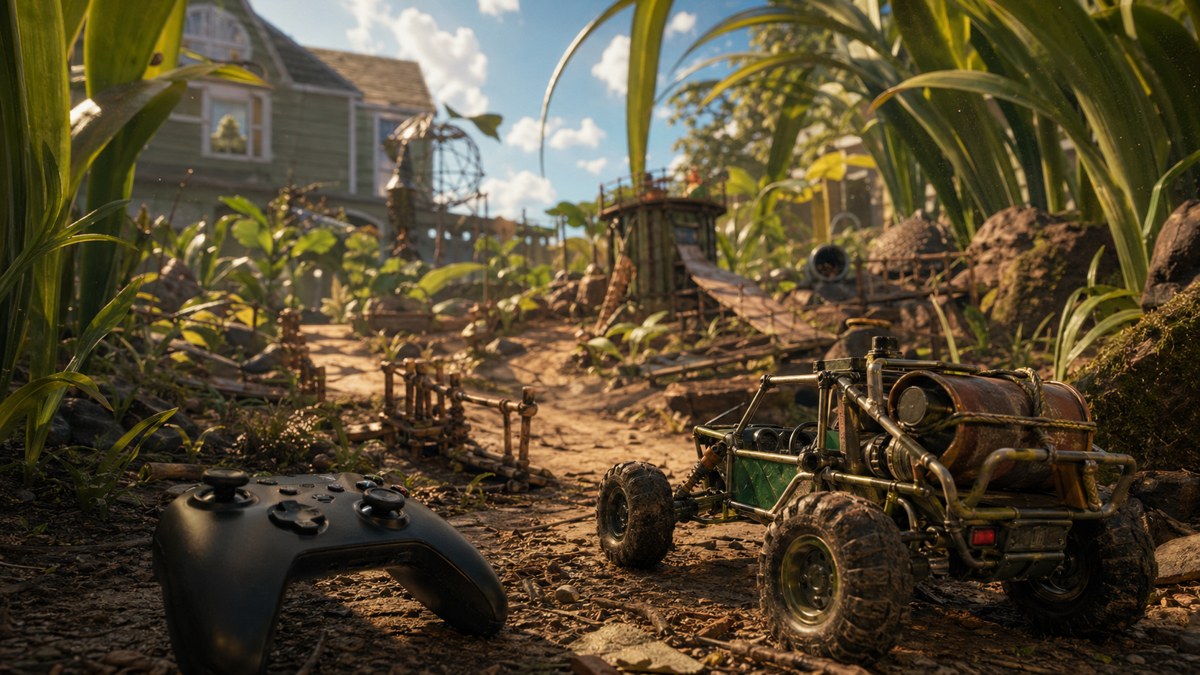 Veiculo pequeno em um quintal com grama gigante e clima de aventura de verao.