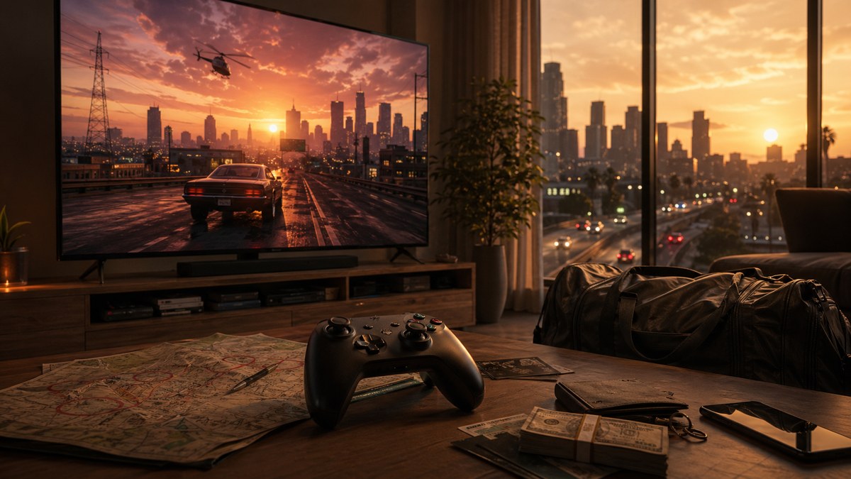 Controle em uma sala ao entardecer com cidade ao fundo e clima de jogo de mundo aberto urbano.